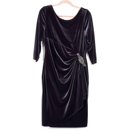 Alex Evenings Velvet Cocktail Dress Sz 14 Purple Side Draped 3/4 Sleeve - Picture 3 of 14